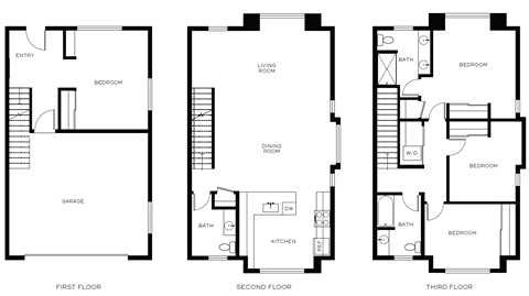 three floor plan of a house with different floors